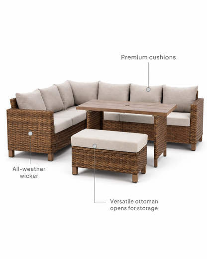 Brookbury 4-Piece Outdoor Wicker Patio Sectional Dining Set, Beige Cushions