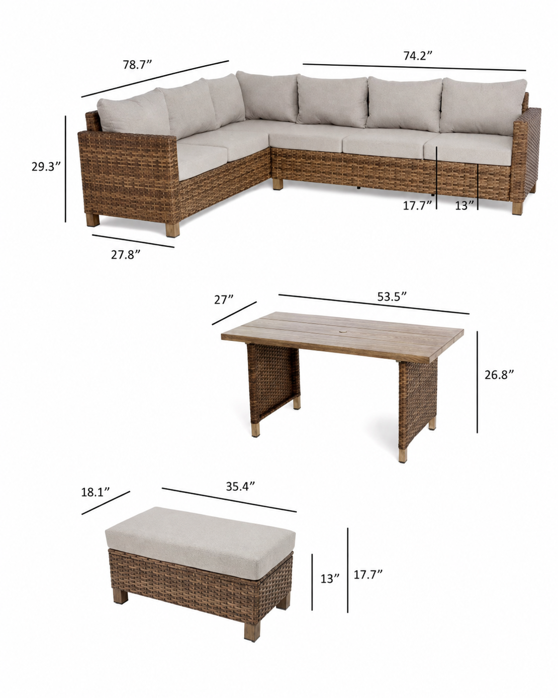 Brookbury 4-Piece Outdoor Wicker Patio Sectional Dining Set, Beige Cushions