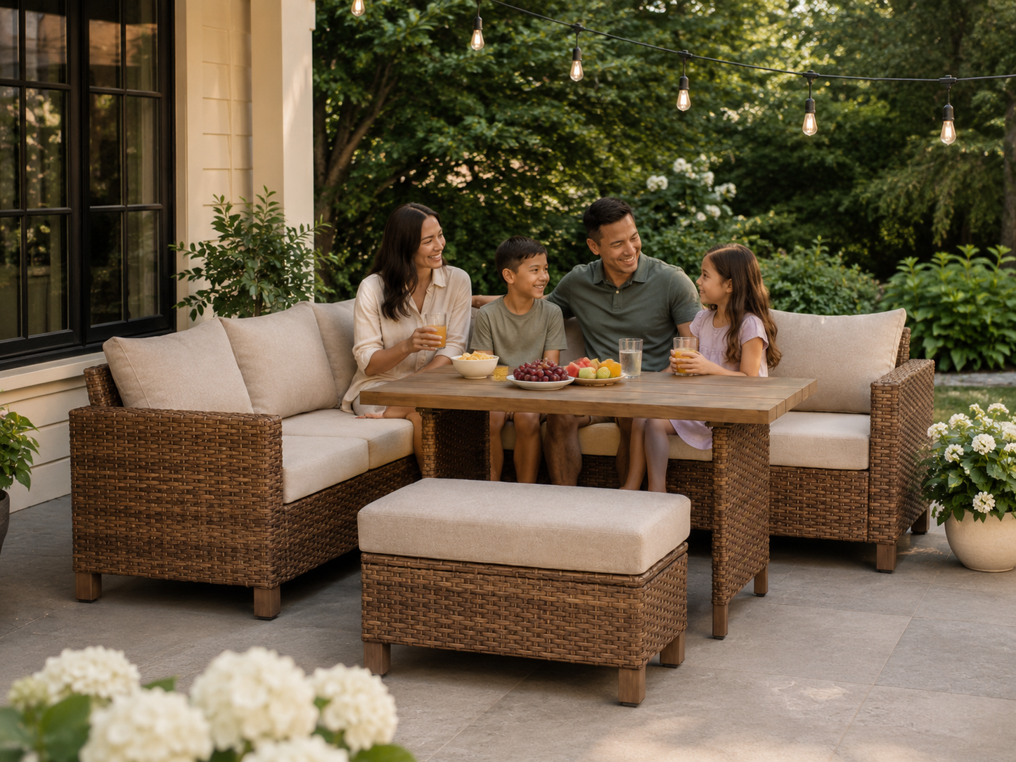 Brookbury 4-Piece Outdoor Wicker Patio Sectional Dining Set, Beige Cushions