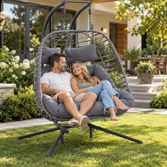2 Person Hanging Egg Swing Chair with Stand, Outdoor Wicker Loveseat Hammock Chair with Cushioned Double Seat