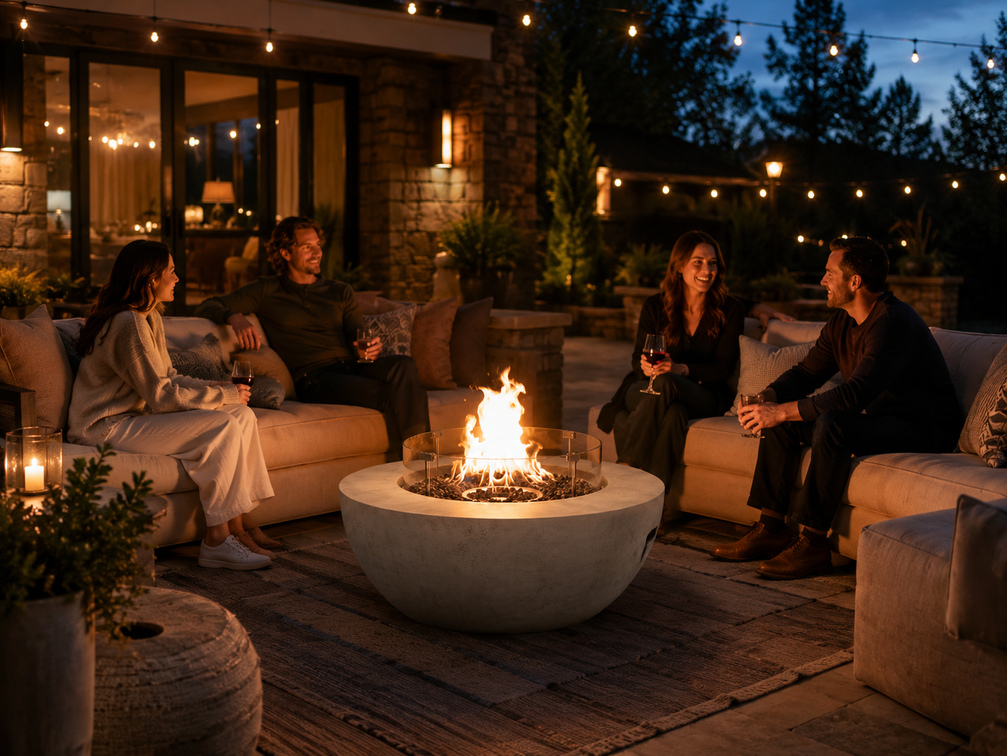 Propane Fire Pit, Outdoor Concrete Gas Fire Pit, 39 in Tabletop with Lava Rocks, Lid,Rain Cover,Adjust Flame Height Camping Firepit for Heating, 50000 BTU