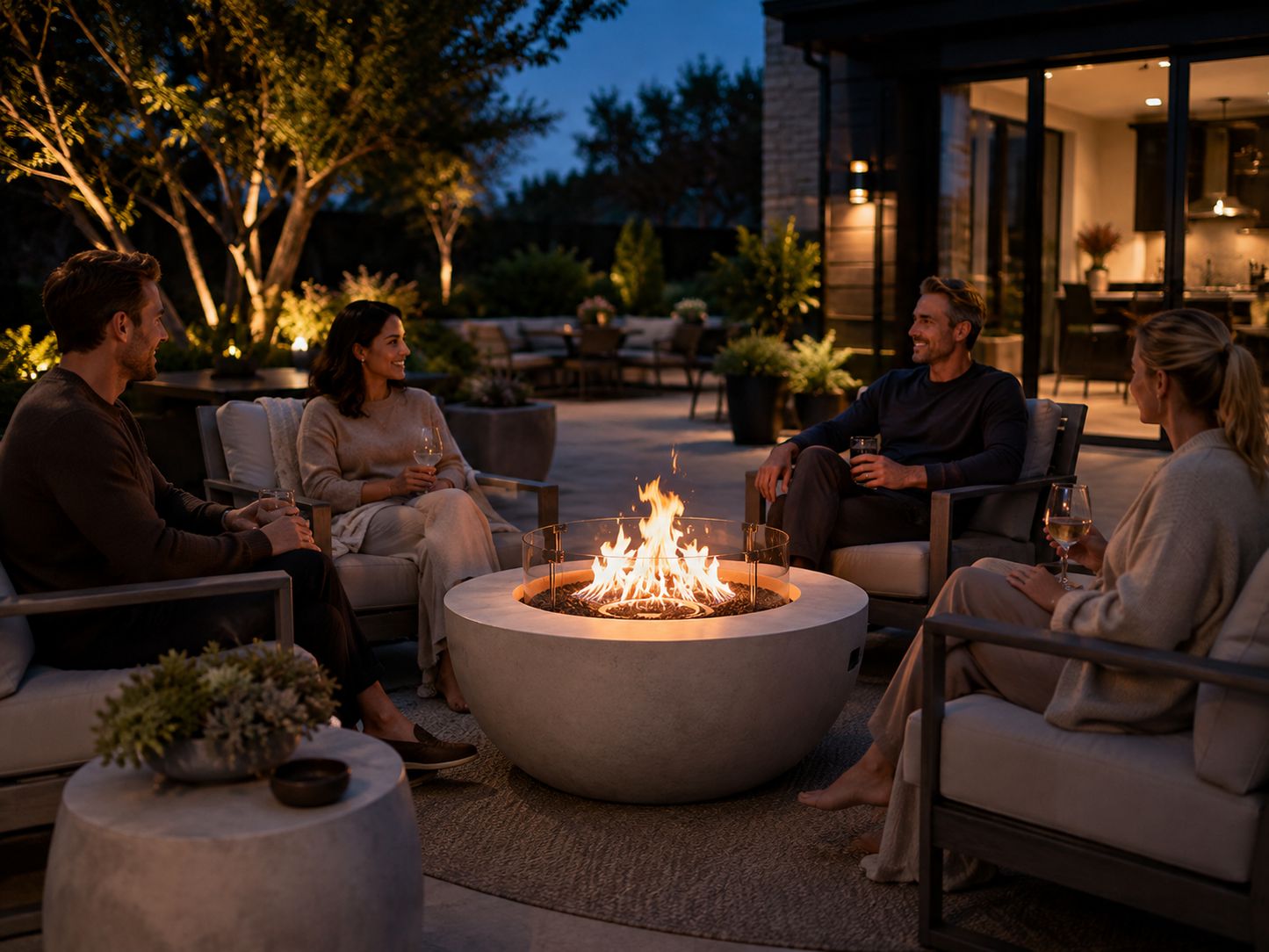 Propane Fire Pit, Outdoor Concrete Gas Fire Pit, 39 in Tabletop with Lava Rocks, Lid,Rain Cover,Adjust Flame Height Camping Firepit for Heating, 50000 BTU