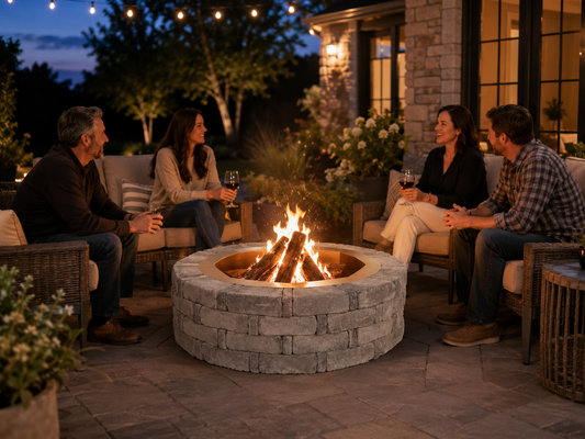 Rumblestone 46 In. X 14 In. round Concrete Fire Pit Kit No. 2 in Greystone with round Steel Insert