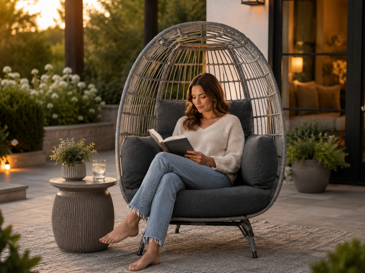 Wicker Egg Chair Oversized Indoor Outdoor Patio Lounger W/ Steel Frame - Gray/Charcoal