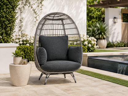 Wicker Egg Chair Oversized Indoor Outdoor Patio Lounger W/ Steel Frame - Gray/Charcoal