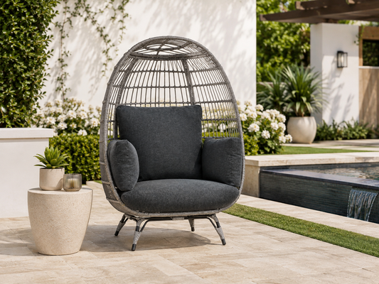 Wicker Egg Chair Oversized Indoor Outdoor Patio Lounger W/ Steel Frame - Gray/Charcoal