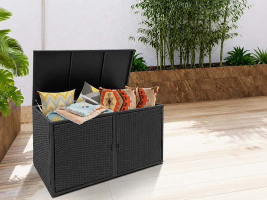45 In. W X 23.5 In. D X 25.5 In. H Black Outdoor Garden Patio PE Rattan Outdoor Storage Cabinet (88 Gal.)