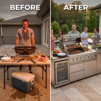 Modular Outdoor Kitchen BBQ Island, 104" Outdoor Kitchen Propane Gas Island Grill with Sink, Compact Refrigerator, Storage Cabinets, Rotisserie Kit (Silver, 104") — Before & After