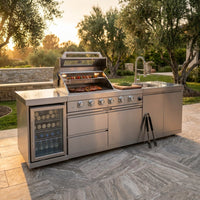 Modular Outdoor Kitchen BBQ Island, 104" Outdoor Kitchen Propane Gas Island Grill with Sink, Compact Refrigerator, Storage Cabinets, Rotisserie Kit (Silver, 104") — Studio Shot