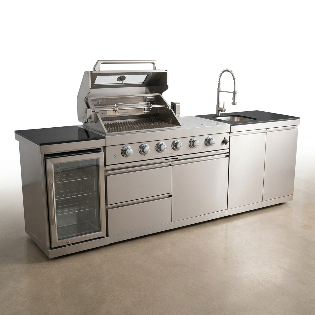 Modular Outdoor Kitchen BBQ Island, 104" Outdoor Kitchen Propane Gas Island Grill with Sink, Compact Refrigerator, Storage Cabinets, Rotisserie Kit (Silver, 104") — Studio Shot