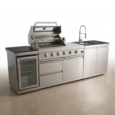 Outdoor Kitchen Island Built for Backyard Cooking, 104" Gas Grill, Sink & Refrigerator, Stainless Steel