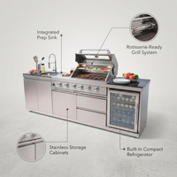 Modular Outdoor Kitchen BBQ Island, 104" Outdoor Kitchen Propane Gas Island Grill with Sink, Compact Refrigerator, Storage Cabinets, Rotisserie Kit (Silver, 104") — infographic