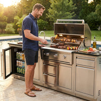 Modular Outdoor Kitchen BBQ Island, 104" Outdoor Kitchen Propane Gas Island Grill with Sink, Compact Refrigerator, Storage Cabinets, Rotisserie Kit (Silver, 104") — Lifestyle