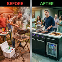 Outdoor Kitchen Island Built for Premium Entertaining, 70" Black Stainless Steel, 32" Grill, Built-In Fridge — Before & After