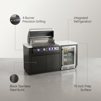 Outdoor Kitchen Island Built for Premium Entertaining, 70" Black Stainless Steel, 32" Grill, Built-In Fridge — infographic