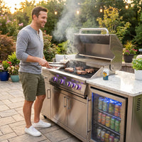 Outdoor Kitchen Island Built for Premium Entertaining, 70" Black Stainless Steel, 32" Grill, Built-In Fridge — Lifestyle