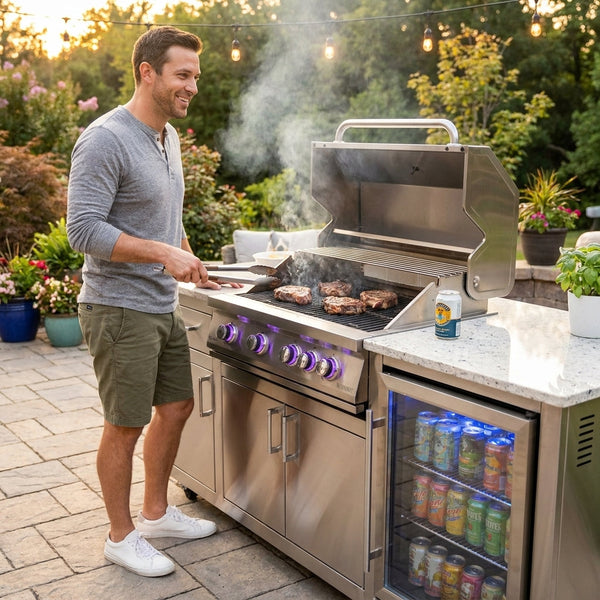 Outdoor Kitchen Island Built for Premium Entertaining, 70" Black Stainless Steel, 32" Grill, Built-In Fridge
