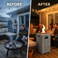 Outdoor Propane Fire Pit, 30000 BTU Column Propane Fire Pit, Wood-Look Surface — Before & After