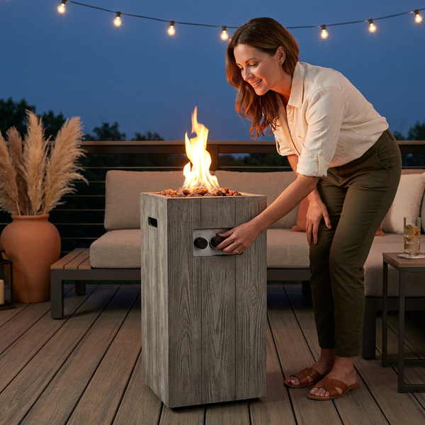 Outdoor Propane Fire Pit Built for Patios, 30000 BTU Column Design, Wood-Look Surface, Electronic Ignition