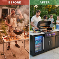 Premium 70" Black Stainless Steel Outdoor Kitchen Island with Refrigerator + 32"W 4-Burner BBQ Grill with Rear Burner — Before & After