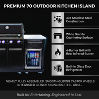 Premium 70" Black Stainless Steel Outdoor Kitchen Island with Refrigerator + 32"W 4-Burner BBQ Grill with Rear Burner — Results & Stats