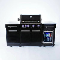 Premium 70" Black Stainless Steel Outdoor Kitchen Island with Refrigerator + 32"W 4-Burner BBQ Grill with Rear Burner — Studio Shot