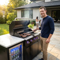 Premium 70" Black Stainless Steel Outdoor Kitchen Island with Refrigerator + 32"W 4-Burner BBQ Grill with Rear Burner — Lifestyle