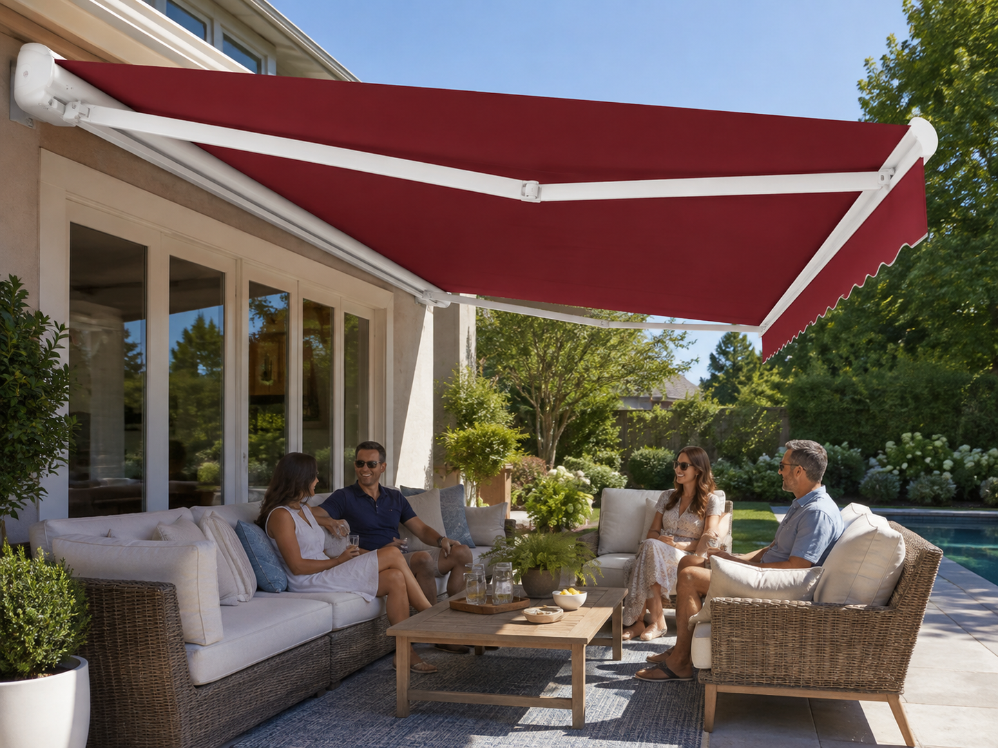 18 Ft. Key West Right Motorized Retractable Awning 216 In. W X 9.38 In. H X 120 In. D Acrylic Fabric in Burgundy