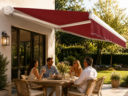 18 Ft. Key West Right Motorized Retractable Awning 216 In. W X 9.38 In. H X 120 In. D Acrylic Fabric in Burgundy