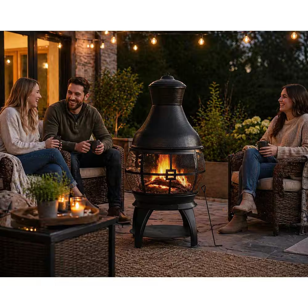 45 In. Outdoor Fireplace Wooden Black Fire Pit, Chimenea