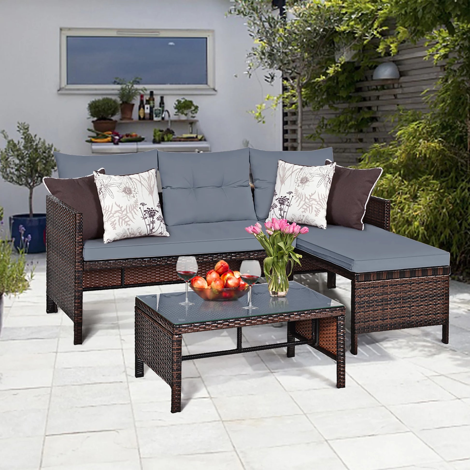 3PC Patio Sofa Set Outdoor Sectional Conversation Set Rattan Wicker