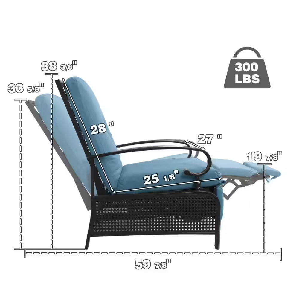 Black Metal Outdoor Recliner with Aqua Cushions for Outdoor Reading, Sunbathing or Relaxation