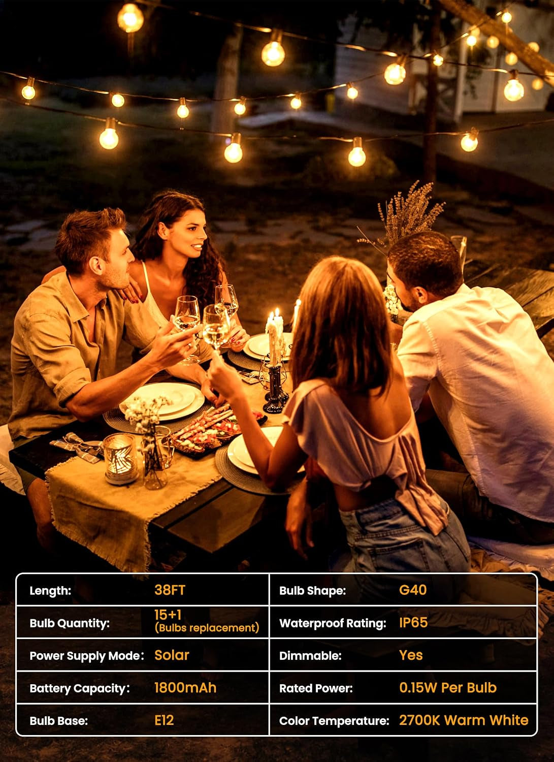 38FT 16LED Solar String Lights Outdoor with Remote & USB Port | Shatterproof Bulbs, Dimmable & Timable, 3 Modes, Solar Patio Lights with a Mount Clip for Camping Backyard Garden Decor