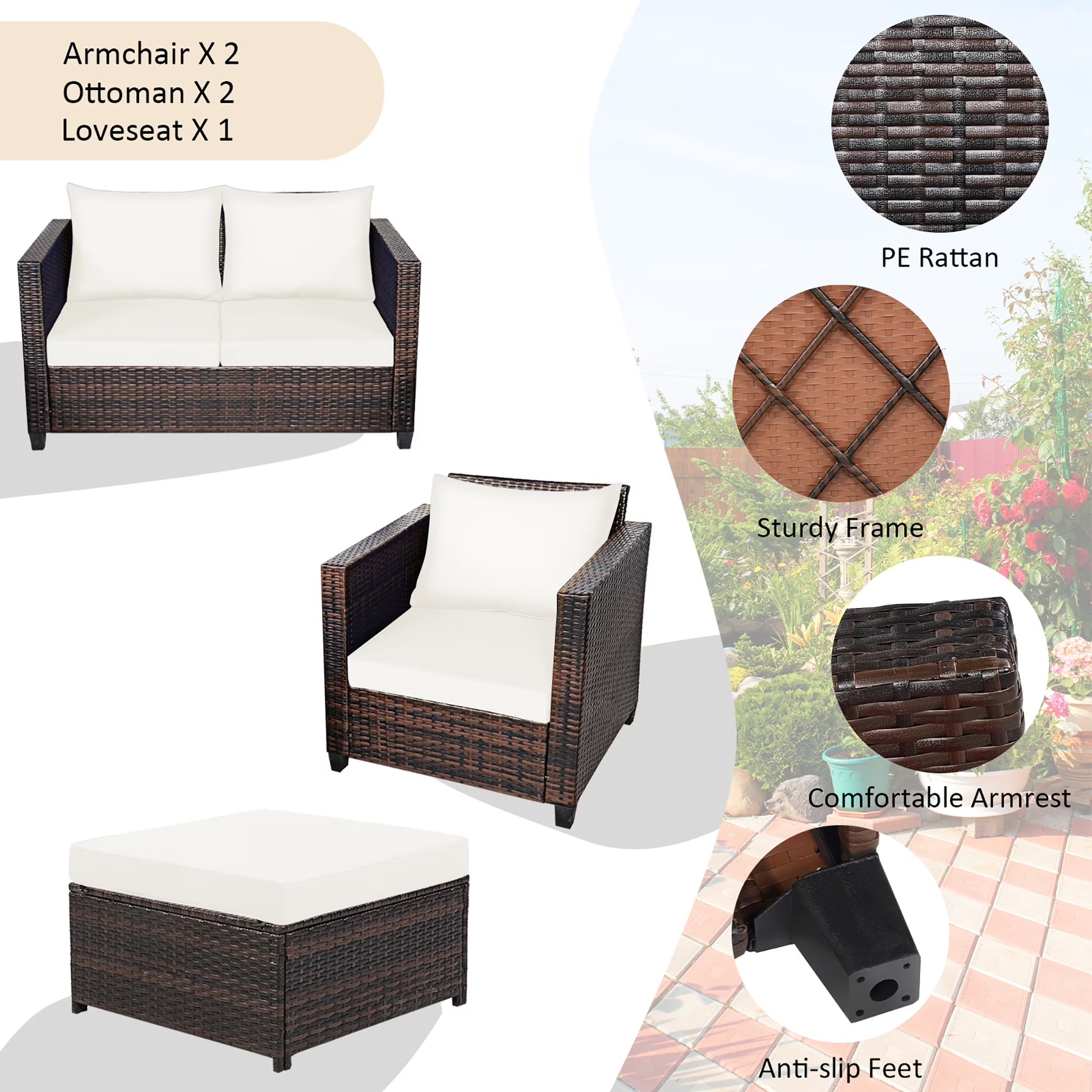 5PCS Patio Rattan Furniture Set Loveseat Sofa Ottoman Cushioned White