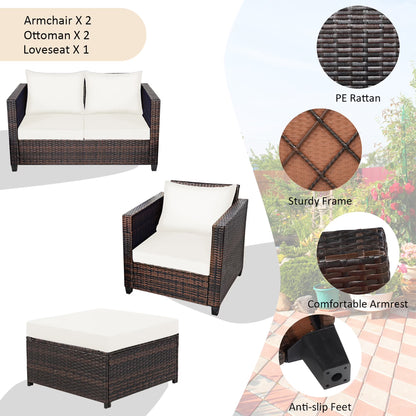 5PCS Patio Rattan Furniture Set Loveseat Sofa Ottoman Cushioned White