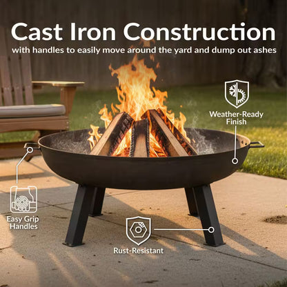 34 In. X 15 In. round Cast Iron Wood Burning Fire Pit Bowl in Steel