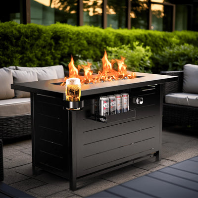43" Propane Fire Table for outside 60,000 BTU Gas Fire Table for outside with Lid , Glass Beads, Cup Holders, Hanging Shelf & Nylon Cover, Rectangle