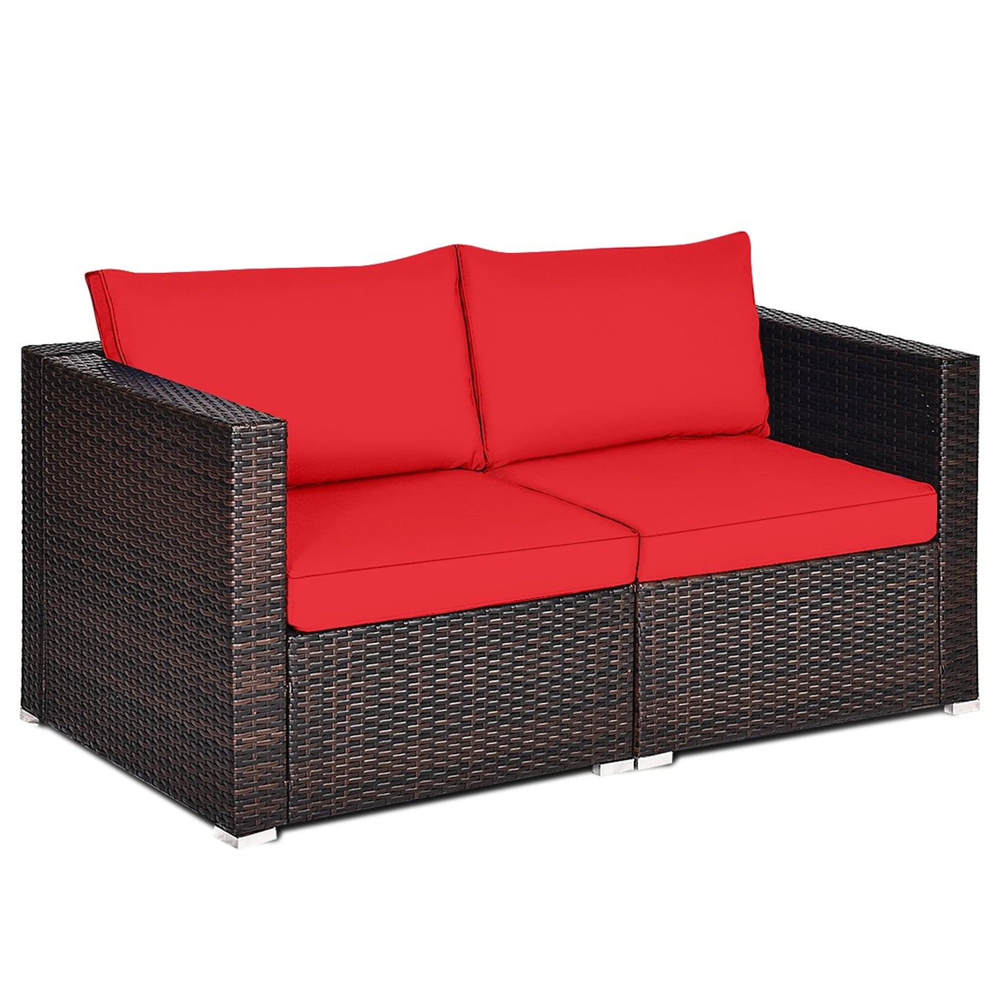 2PCS Rattan Corner Sofa Set Patio Outdoor Furniture Set W/ 4 Red Cushions
