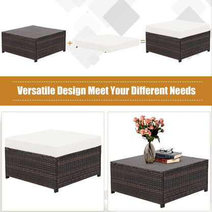 5PCS Patio Rattan Furniture Set Loveseat Sofa Ottoman Cushioned White