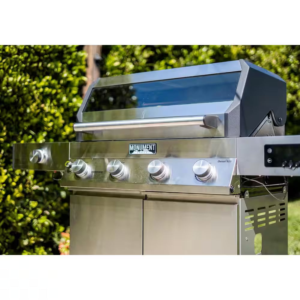 Denali 4-Burner Propane Gas Grill in Stainless with Clearview Lid, 3-Phase LED Controls and Side Burner