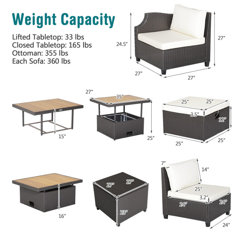 7 Pieces Wicker Outdoor Furniture Set with Acacia Wood Coffee Table and Ottoman