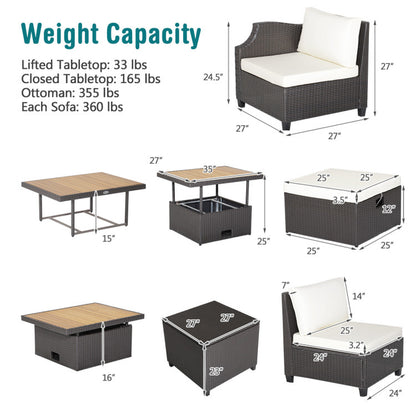7 Pieces Wicker Outdoor Furniture Set with Acacia Wood Coffee Table and Ottoman