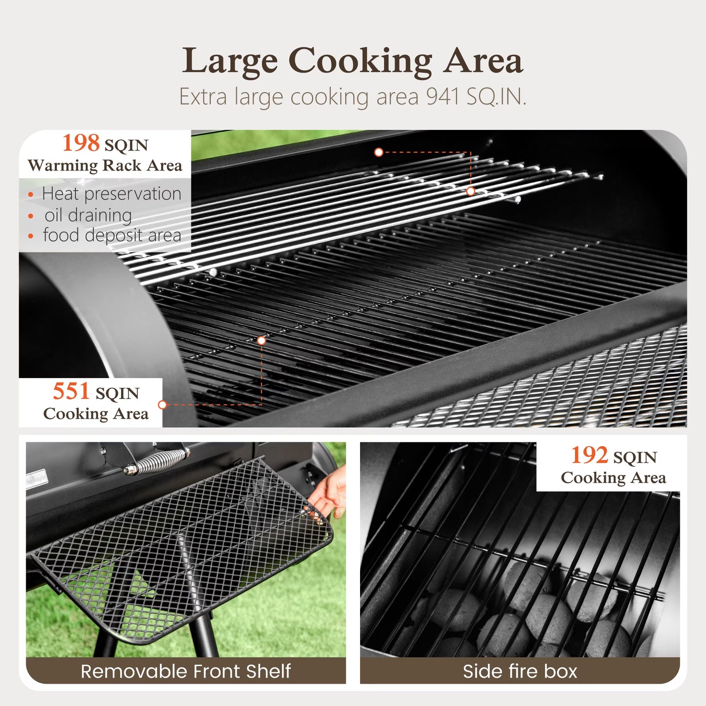 Heavy Duty BBQ Charcoal Grill with Offset Smoker Overlarge 941 Sq.In. Cooking Area