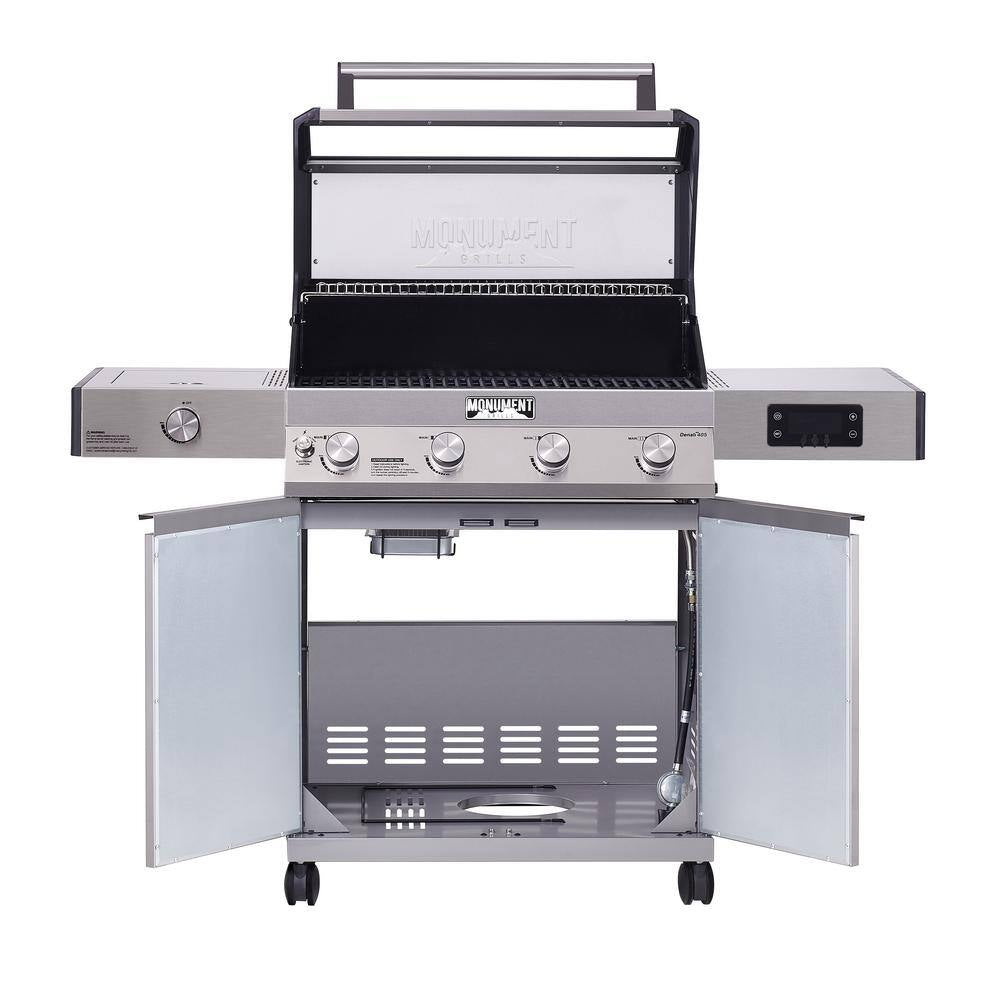 Denali 4-Burner Propane Gas Grill in Stainless with Clearview Lid, 3-Phase LED Controls and Side Burner