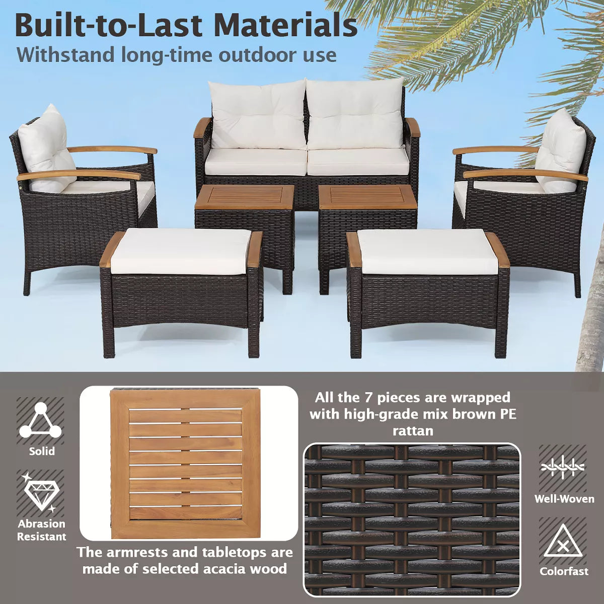 Costway 7PCS Patio Rattan Furniture Set Cushion Armrest Loveseat Ottoman Table