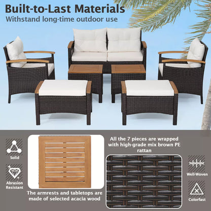 Costway 7PCS Patio Rattan Furniture Set Cushion Armrest Loveseat Ottoman Table