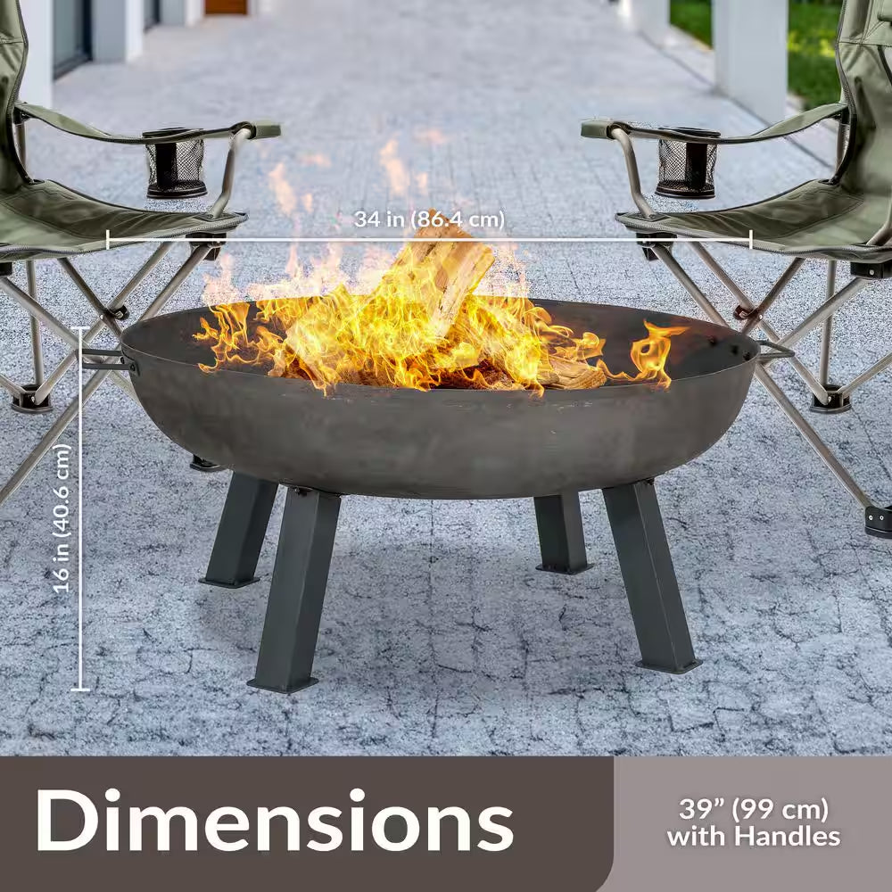 34 In. X 15 In. round Cast Iron Wood Burning Fire Pit Bowl in Steel