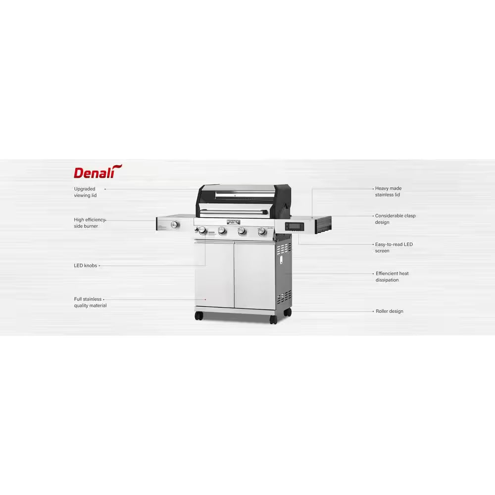 Denali 4-Burner Propane Gas Grill in Stainless with Clearview Lid, 3-Phase LED Controls and Side Burner