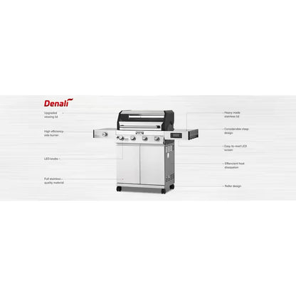 Denali 4-Burner Propane Gas Grill in Stainless with Clearview Lid, 3-Phase LED Controls and Side Burner
