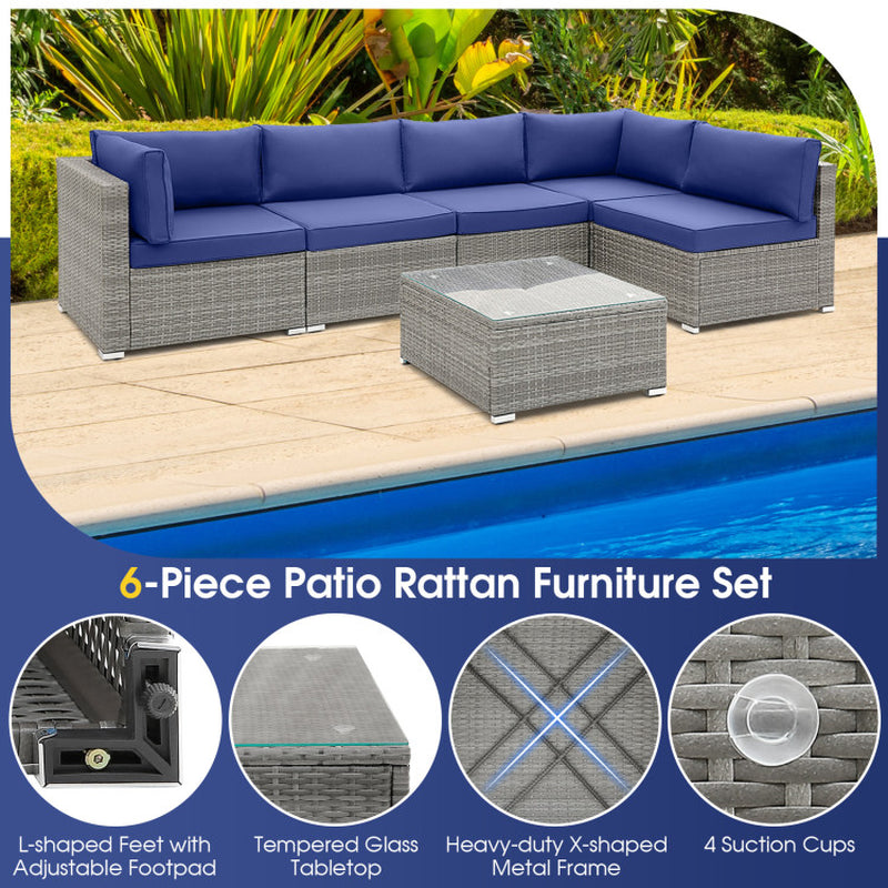 6 Piece Patio Conversation Sofa Set with Tempered Glass Coffee Table